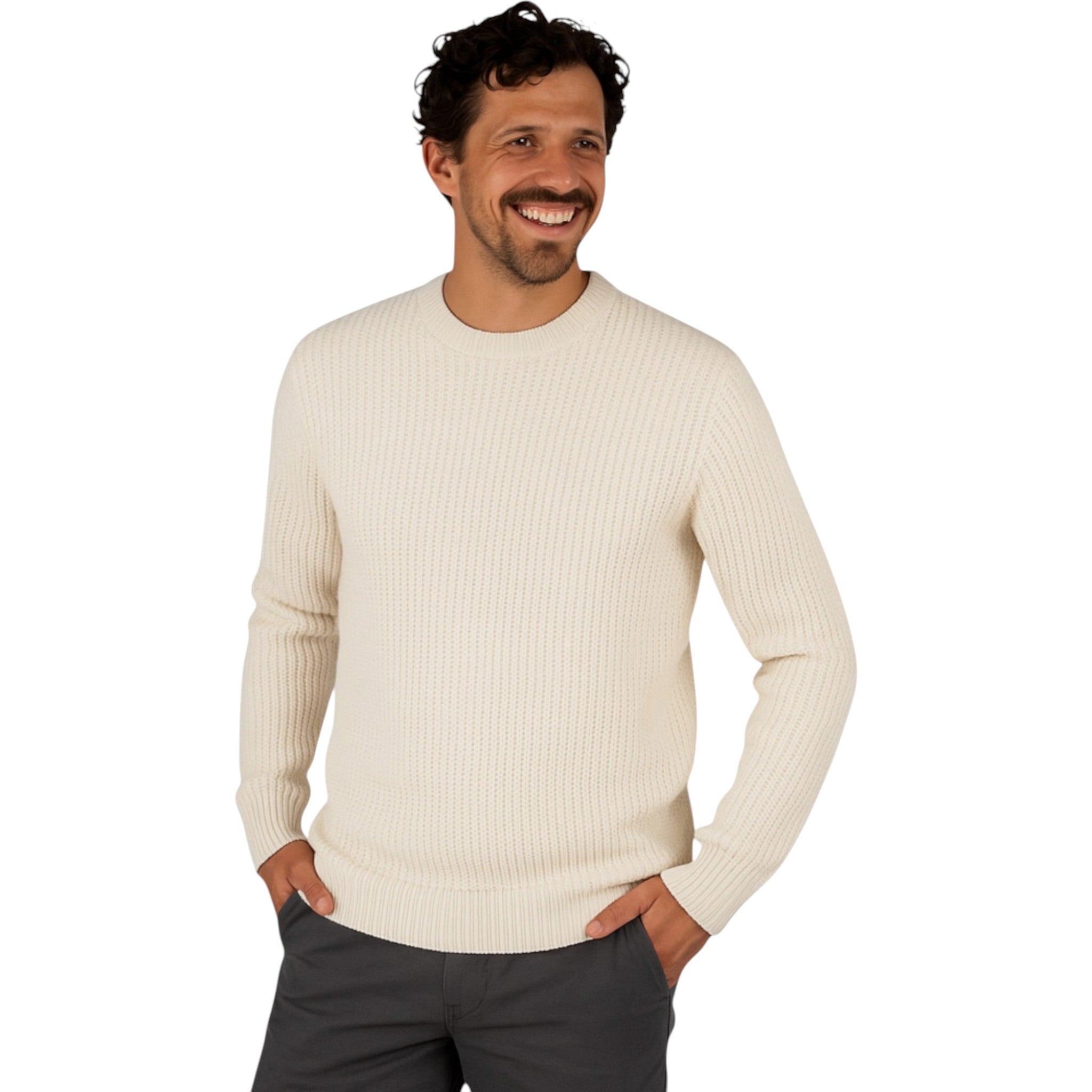 Men’s Ex Store Jack & Jones chunky knit jumper in white / sea salt – ribbed crew neck sweater